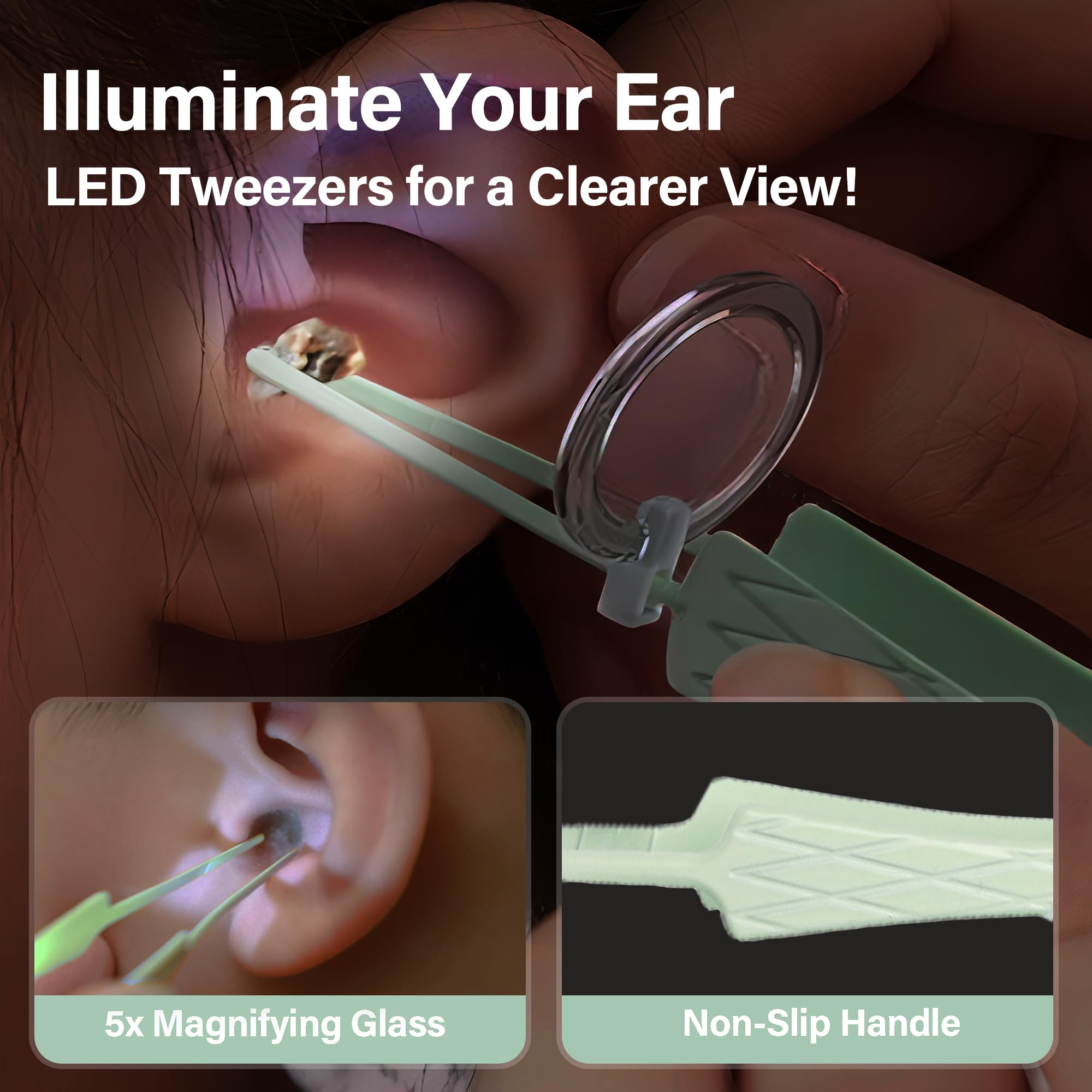 15 Pack Ear Wax Removal Tool Kit with Light - LED Ear Cleaning Kit, Ear Wax Removal for Kids and Adults, Ear Cleaning Tool, Ear Picker Spoon & Ear Tweezers & Spiral Spring Ear Spoon Green