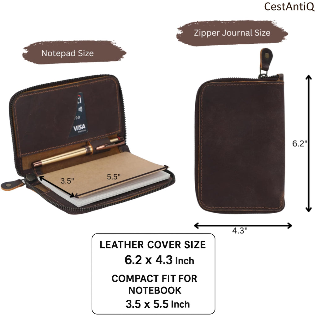CestAntiQ Zippered Leather Pocket Notebook Cover 3.5x5.5 in., Brown