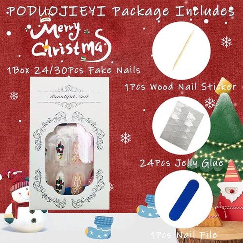 30Pcs Christmas Press on Nails Medium Almond Fake Nails Red French Tip Nails with Pearl Rhinestones Design 3D Bow False Nail Xmas Tree Flower Acrylic Nail Christmas Snowflake Glue on Nail for Women