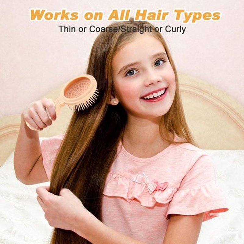 Mini travel hair brush for kids, Round Folding Pocket Mirror small toddler Hair Brush for Boys and Girls,Baby hair detangling brush Massage Hair Brush with Air Cushion for Thick Hair (Beige)