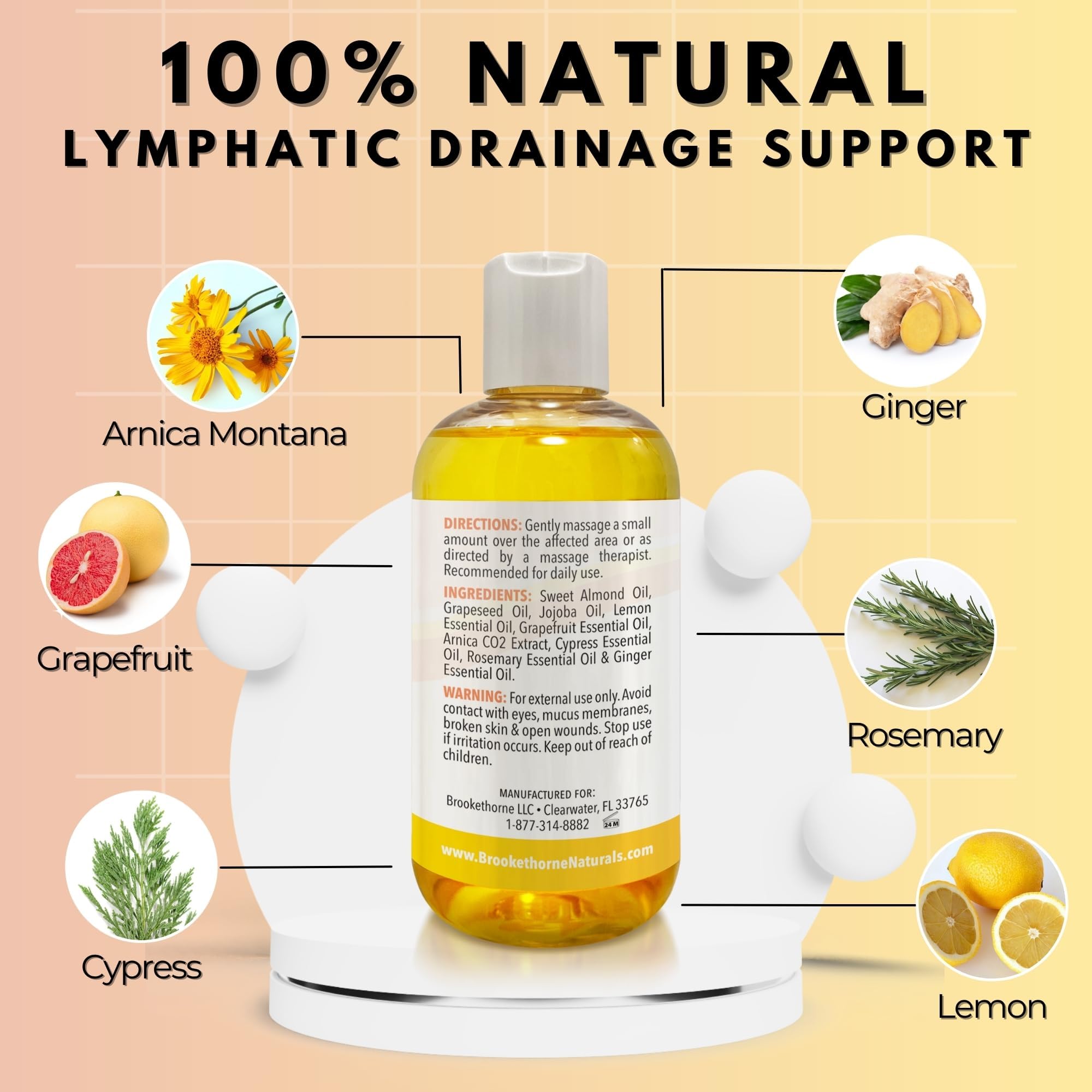 Lymphatic Massage Oil for Massage Therapy | 100% Natural Lymphatic Drainage Oil | Premium Quality with Arnica, Lemon & Ginger | for Post Surgery Recovery & Detox | 8oz by Brookethorne Naturals