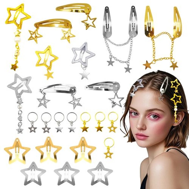 24PCS Gold Star Hair Clips Hair Cuffs Rings Silver Metal Star Barrettes 10 Shapes Pentagram Y2k Barrettes for Women 2000s Hair Accessories for Girls (Silver/Gold)
