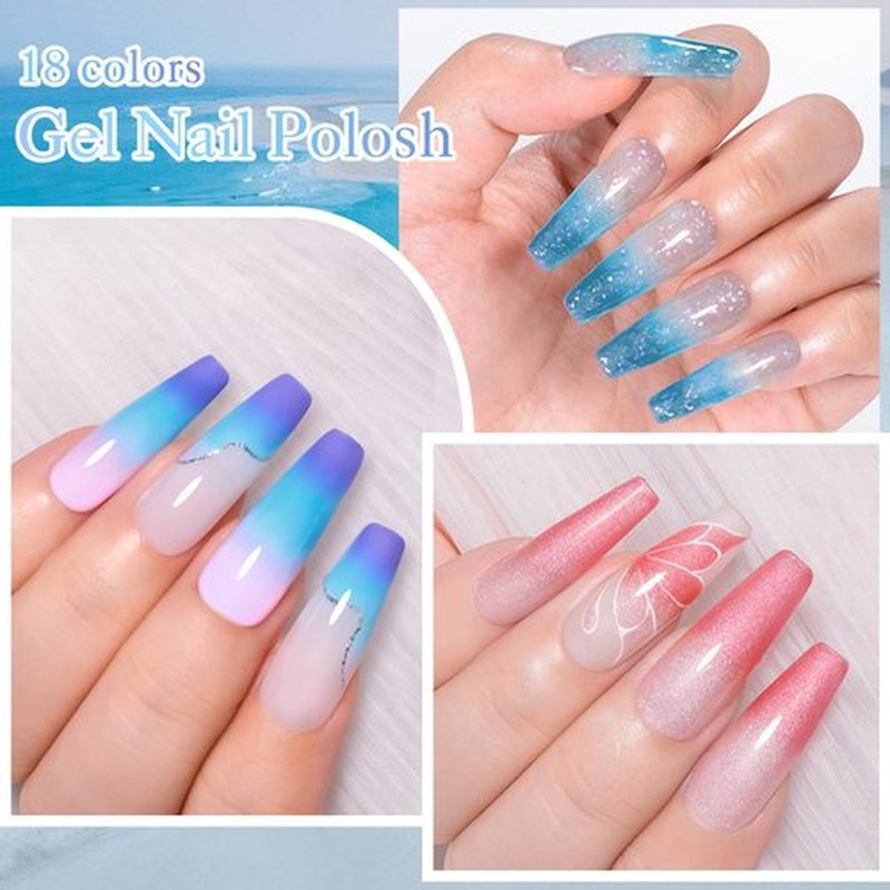 Four Lily Color Changing Gel Nail Polish Set, 18 Colors Red Pink Glitter Blue Purple Mood Temperature Change Nail Polish Gel Set Soak Off Nail Art Gel DIY Salon Valentine's Day Manicure Gift