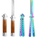Chengu 2 Pieces Wood Grain Switchblade Blade Pocket Hair Brush Comb Automatic Push Button Brush and Folding Butterfly Stainless Steel Training Practice Comb Outdoor(Iridescent)