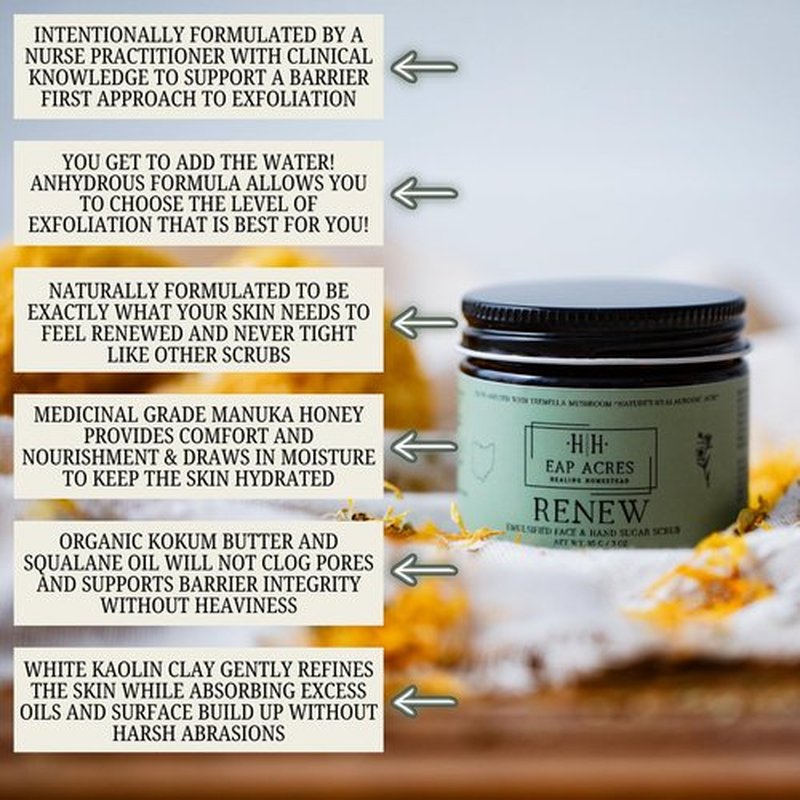 Emulsified Face Sugar Scrub, Organic squalane oil/Castor oil: Tremella Mushroom/Chamomile/Gotu Kola/Calendula/White Kaolin Clay, Manuka Honey-Gentle exfoliant-Dry/Sensitive/Mature skin (RENEW)