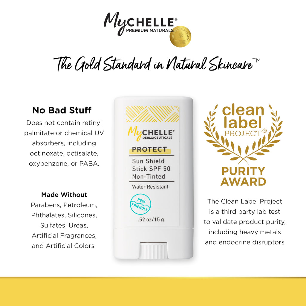 Mychelle Dermaceuticals Sun Shield Stick Spf 50 Non-Tinted - Natural Liquid Zinc Sunscreen Vitamin E and Jojoba - Water Resistant up to 80 Minutes - Sunscreen for Face, Reef Safe, Safe for Children
