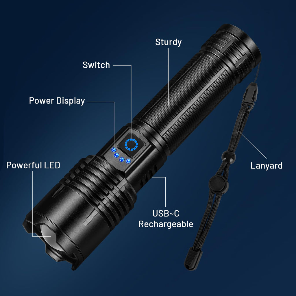 Kungf Flashlight Rechargeable 4 Pack, LED Flashlights High Lumens, 99,000 Lumen Super Bright FlashLights, 5 Modes Adjustable Powerful Handheld Flash Light for Home, Outdoor, Waterproof