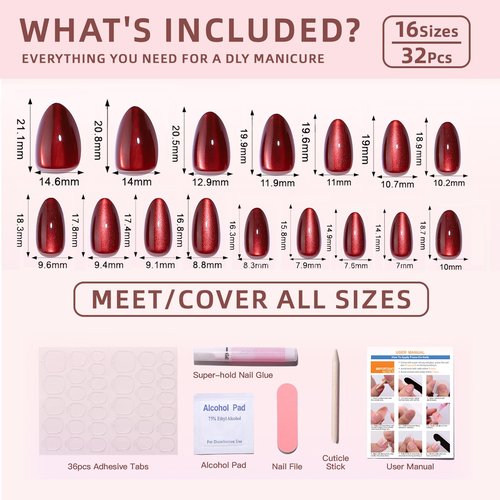 CUZIAM Red Magnet Cat Eyes Press on Nails Short Almond, Aurora Mirror Chrome Red Soft Gel Stick on Nails with Glue, 32pcs 16 Sizes Glossy Glitter Reusable Easy Salon Nail Manicure for Women Girls