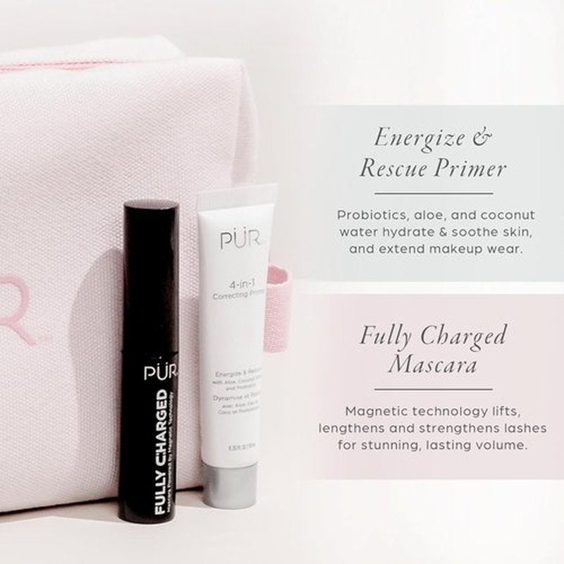 PÜR Minerals Multitasking Essentials Kit | 4-in-1 Primer, Mascara, Mineral Powder & Brush Set