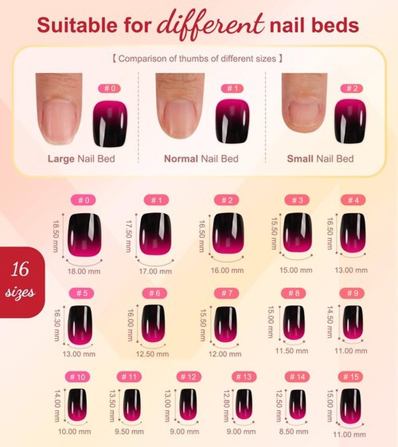 Morily Black Hot Pink Ombre Press on Nails Short, Square Shaped Fake Stick on Nails for Women in 16 Sizes, 32 Pcs Reusable Full Cover Artificial False Fingernails