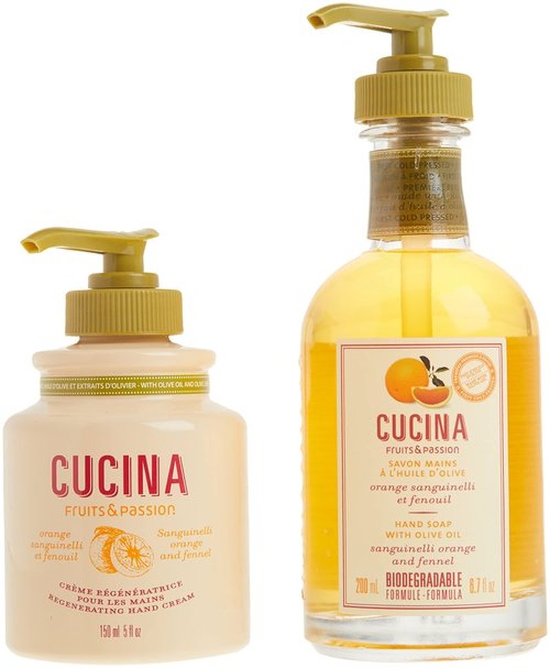 Fruits & Passion Cucina Hand Care Duo Gift Set – Sanguinelli Orange & Fennel, Hand Soap and Regenerating Hand Cream with Cold-Pressed Olive Oil,Includes Metal Holder, 6.7 fl oz + 5.0 fl oz