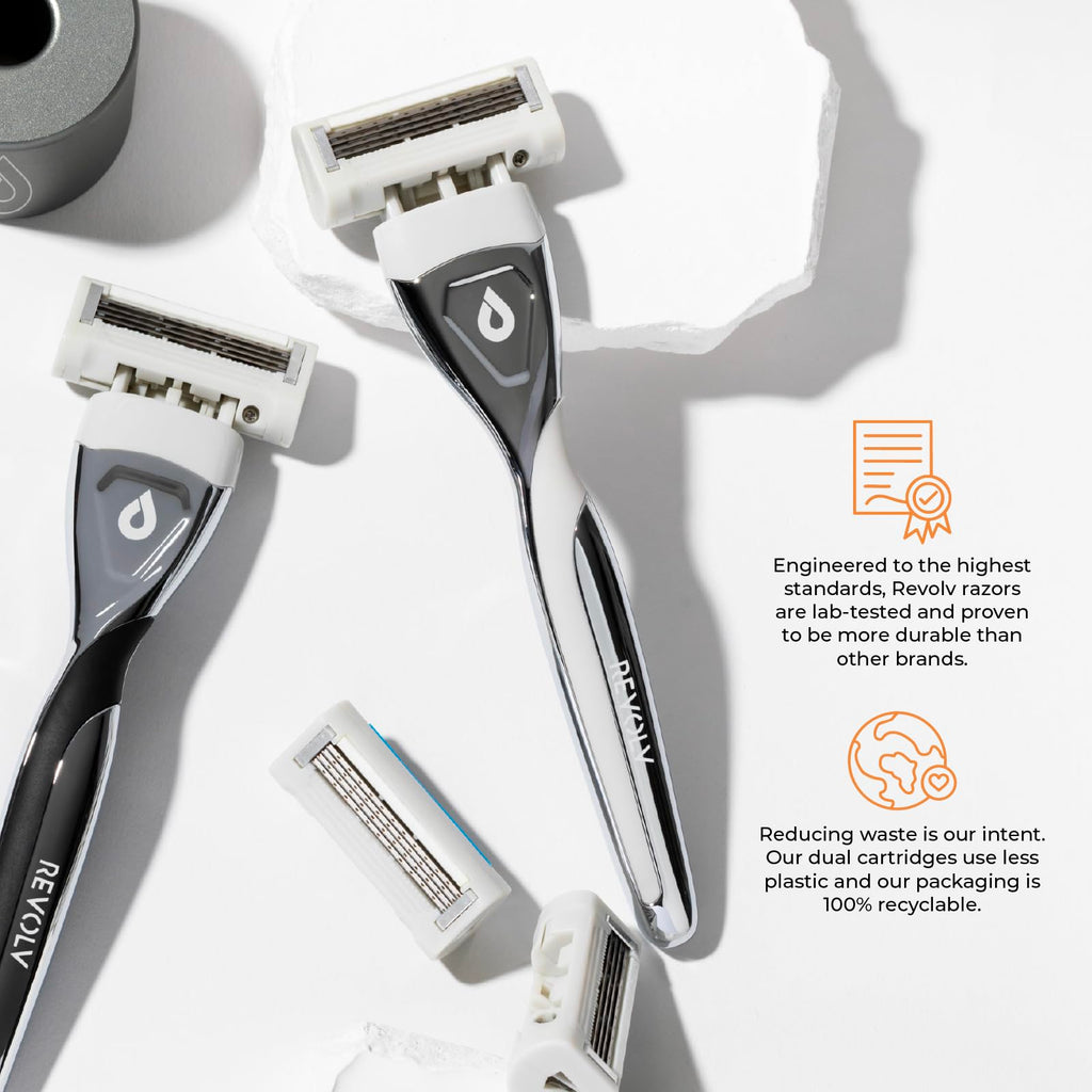 REVOLV - Men’s Razor - 1 Premium Weighted Handle + 1 Dual-Sided Cartridge + 1 Stand - For a Closer, Smoother Shave - Safe on Sensitive Skin - Black