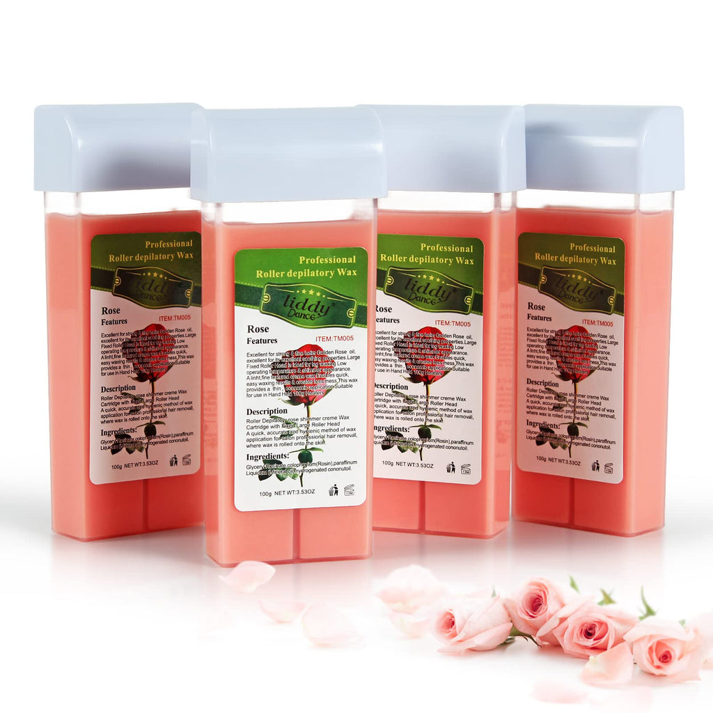 Rose Roll on Hair Removal Wax Refill Cartridges for Sensitive Skin, Rolling Waxing Kit for Women's Body, Legs, Arms at Home - 4 Pack (14.1 OZ)
