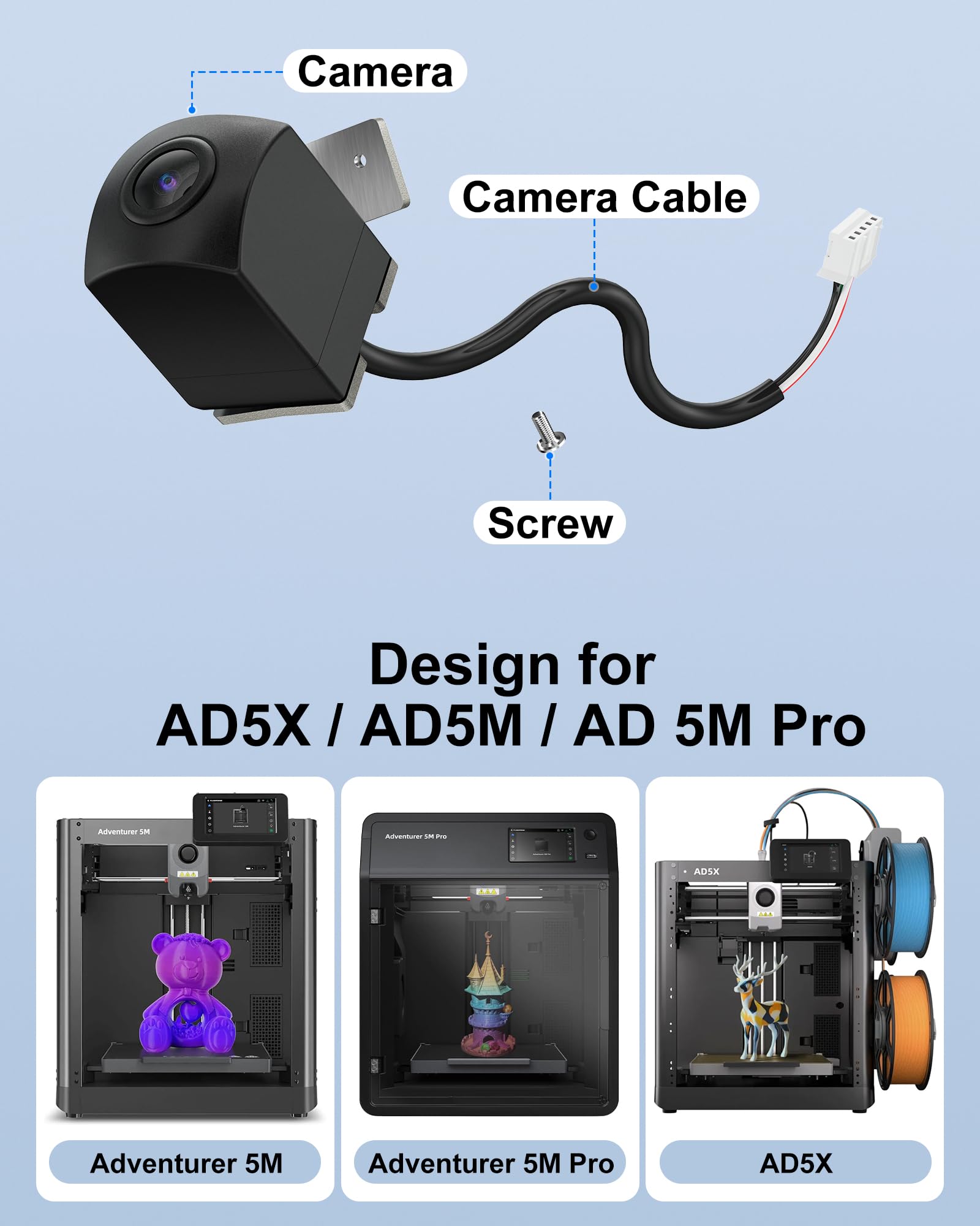 3D Printer Camera Kit Compatible with AD5X Adventurer 5M/5M Pro 3D Printers, Real-Time Remote Monitoring Time-Lapse Recording Compatible with Flash Maker App, 3D Printer Accessory for Adventure 5X