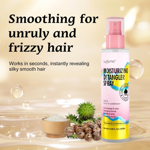 Luxfume Moisturizing Detangler Spray for Women, Curly Hair Detangler Spray with Rice Water, Keratin & Castor Oil - Curl Care Formula for Anti-Breakage, Repairs & Smooths, 6.08 oz