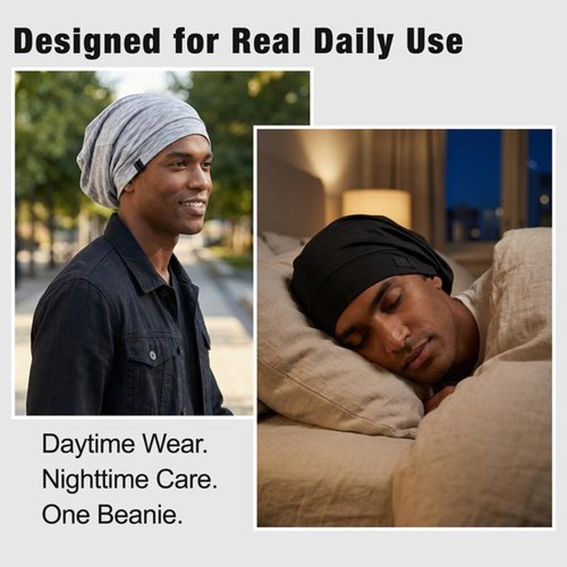 2 Pack Silk Satin Hair Bonnet for Men, Adjustable Stay-On Sleep Cap Beanie for Curly Hair, Soft Breathable Night Hat for All Types