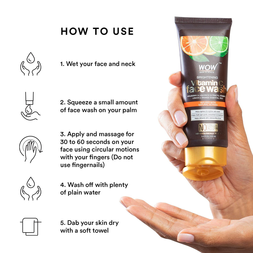 WOW Skin Science Vitamin C Face Wash - Deep Cleanser For Dry, Oily, Sensitive Skin & Acne Pore Minimizer, Exfoliating Daily Facial Wash - Sulfate, Paraben Free 100ml by Glowrity