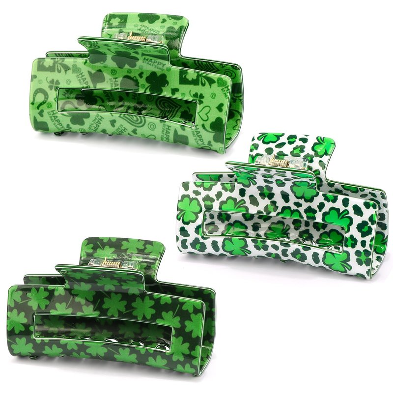Vovii 3Pcs Shamrock Hair Claw Clips for Women St. Patrick's Day Accessories, Green Clover Style Square Clips Irish Hair Accessories For Thin Thick Hair Holiday Party Favors