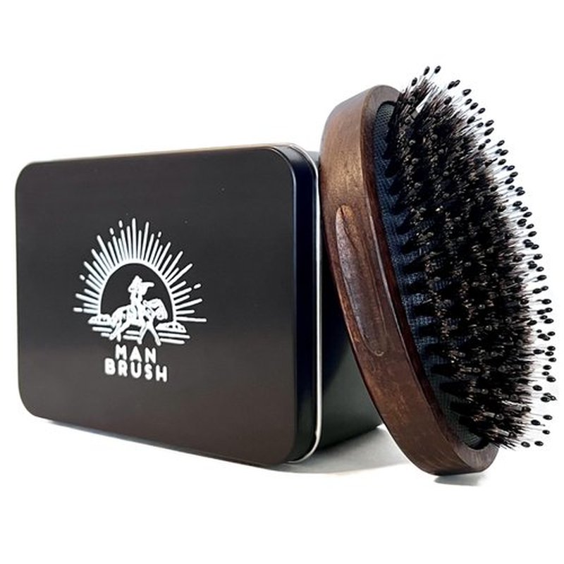 MANBRUSH Beard Brush for Men – Boar Bristle & Nylon Military-Style Palm Brush – Dual Soft & Stiff Bristles for Hair & Beard Grooming – Travel Size – Gift Tin Included