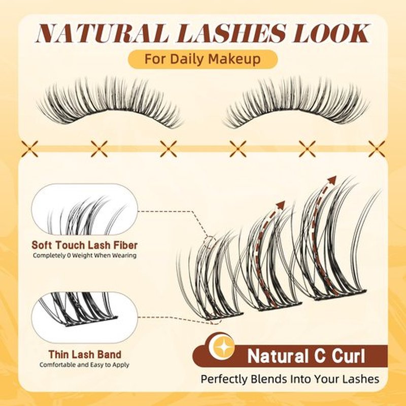 QUEWEL Lash Clusters Kit, 144PCS Natural Lash Custers with Lash Bond and Seal, C Curl Wispy Cluster Lashes Natural Look with Thin Band Easy to use for Beginners (DJ-FD-A）