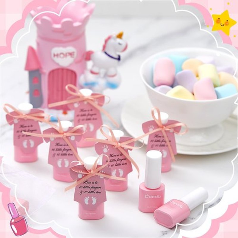 Dansib 12 Set Light Pink Baby Shower Mini Nail Polish Bulk Baby Shower Party Favors for Guests Gender Reveal Party Supply Souvenir Return Thank You Gifts with Card Organza Bags Ribbon Quick Dry