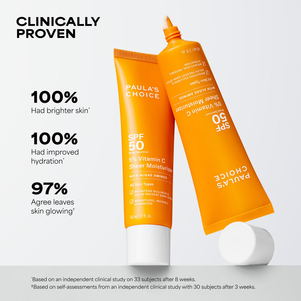 Paula's Choice 5% Vitamin C Sheer Sunscreen for Face, SPF 50 Face Sunscreen, Moisturizing, Lightweight Invisible, Prevents Dark Spots, No Cast, All Skin Types, UVA/UVB Protection, Fragrance-Free, 2oz
