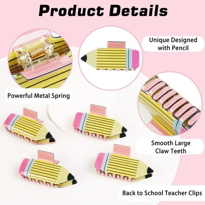 TEBIEKOY 4Pcs Pencil Hair Claw Clips - Funny Teacher Hair Clips Hair Jaw Barrettes for Women Cute Back to School Hair Accessories for Teachers Students Appreciation Gift,Style1
