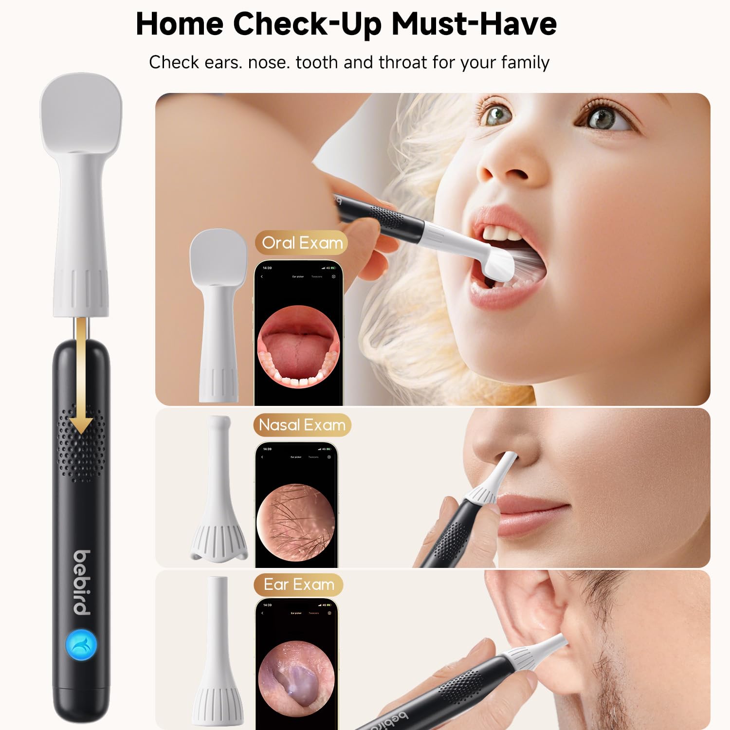 BEBIRD R1 Ultra Ear Wax Remova, Ear Cleaner with Camera Ear Scope, Wax Remove Ear Pick with Ear Otoscope Tweezers, Visual Dropper Cleaning Kit, Ear/Nose/Throat Examination Tool for Family, Black