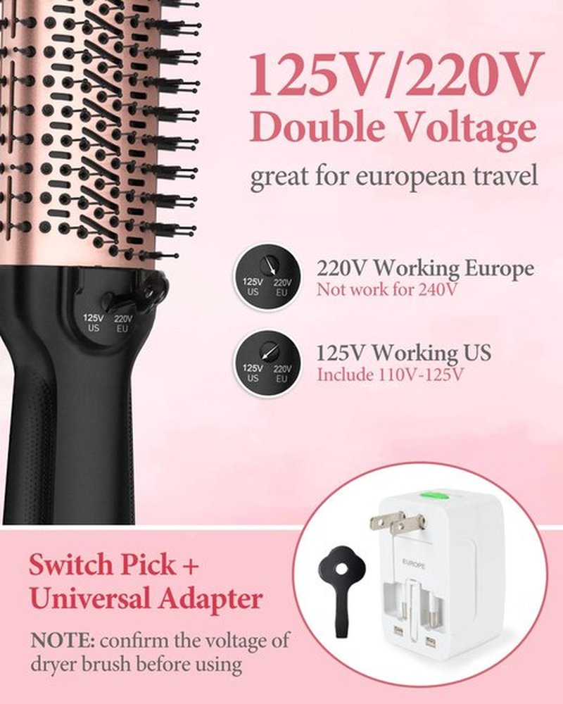 Dual Voltage Hair Dryer Brush with European Plug,Travel Blow Dryer Brush for Blowout Look, One-Step Hot Air Brush Volumizer,Smoothing,125V/220V