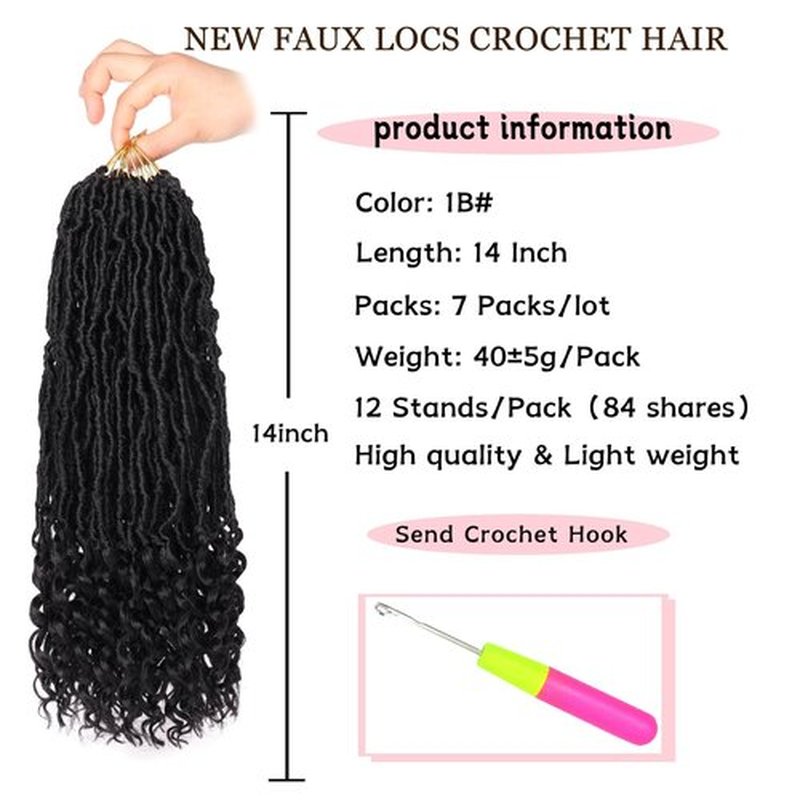 14 Inch Faux Locs Crochet Hair 7 Packs New Goddess Locs Crochet Hair Pre-Looped Nu Locs with Curly Ends Natural Black Synthetic Soft Locs Crochet Hair Extensions (12Strands/pack 1B#)