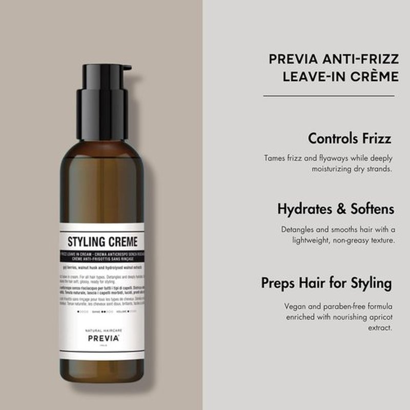 PREVIA Anti Frizz Leave-In Creme - Vegan Frizz-Control Styling Cream with Apricot Extract - 6.7 oz