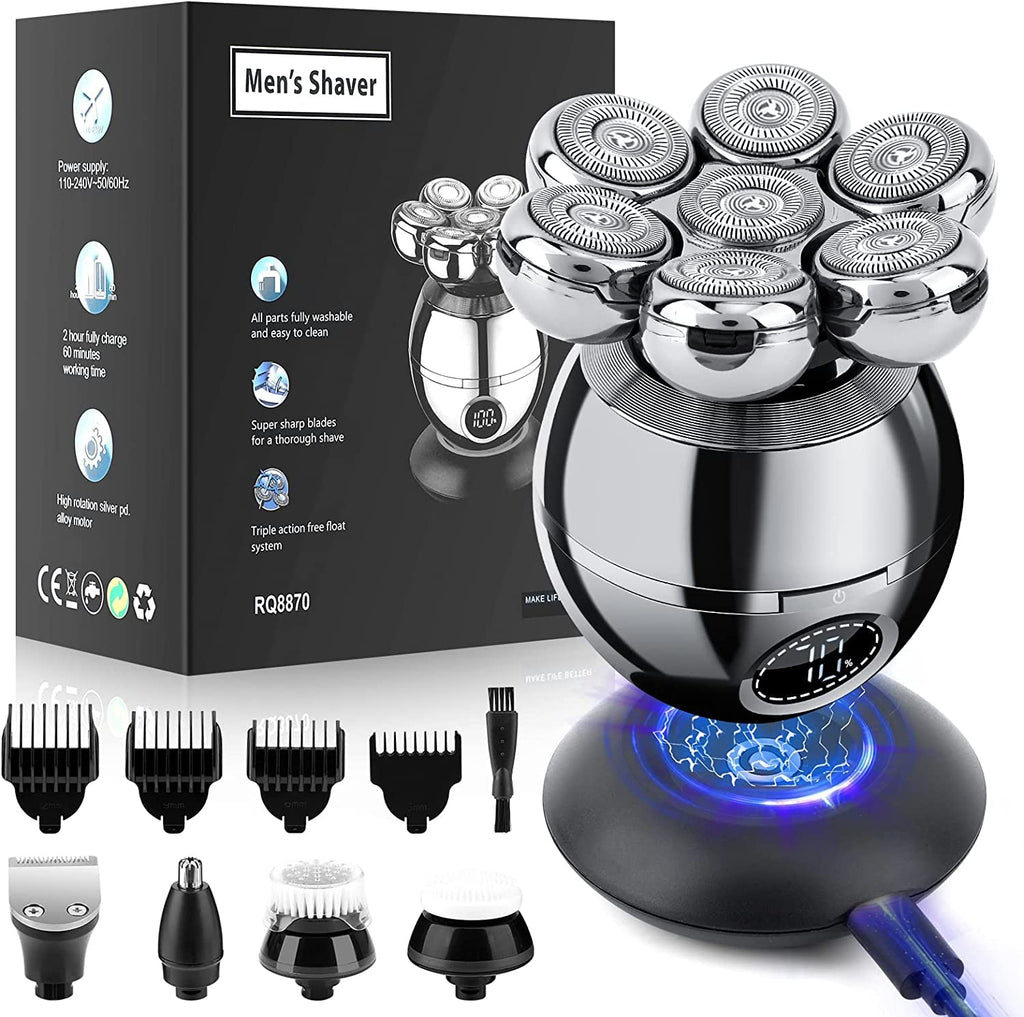 Head Shavers for Bald Men, Wjiang 6 in 1 Electric Razor Mens Shaver Wet Dry Cordless Electric Skull Shavers 7D Floating Rechargeable Bald Head Shaver Back for Men Father's Day Gifts