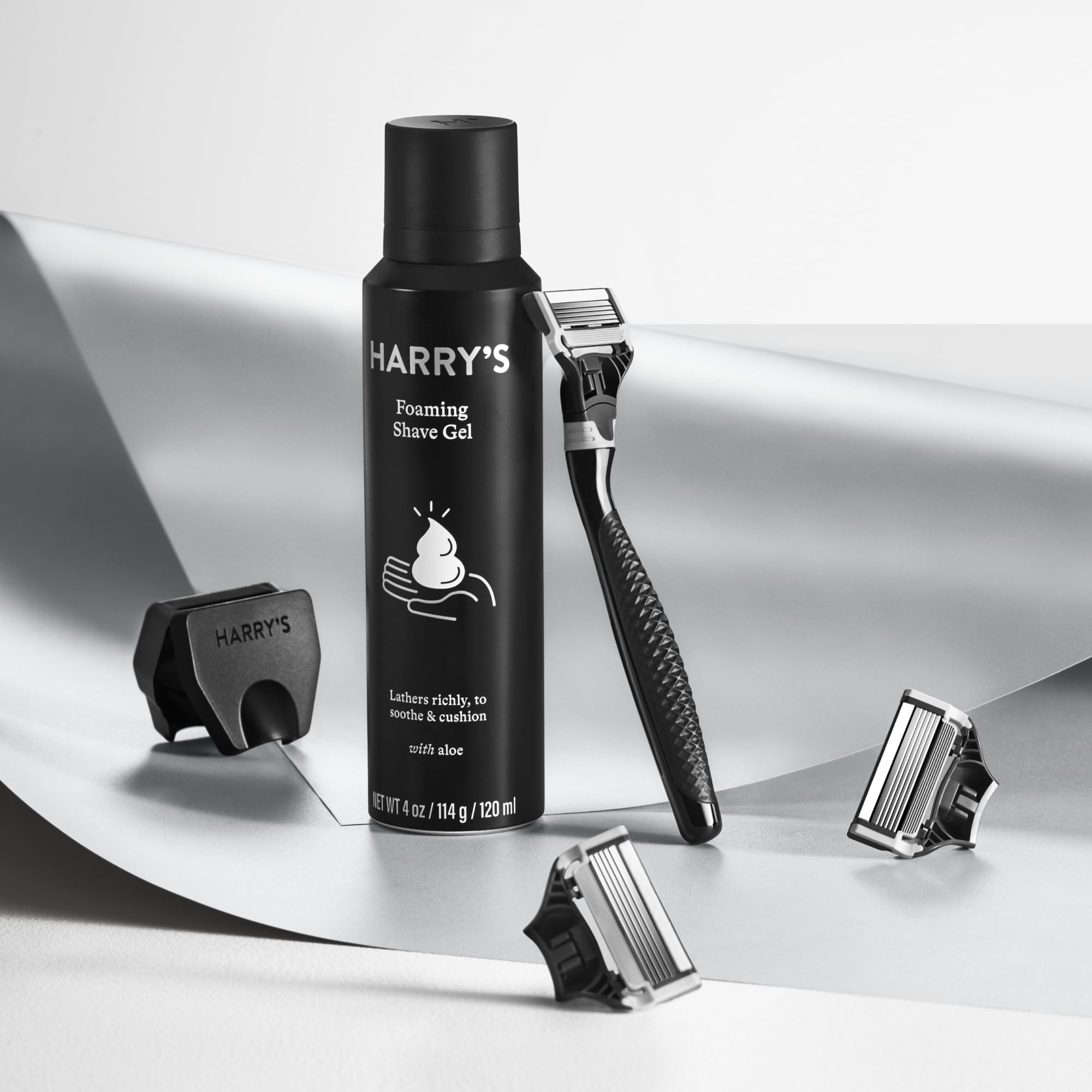 Harry's Original Shave Gift Set for Men - Black Metallic Handle + 3 Razor Blade Cartridges + Travel Blade Cover + 1 Foaming Shave Gel - German Engineered