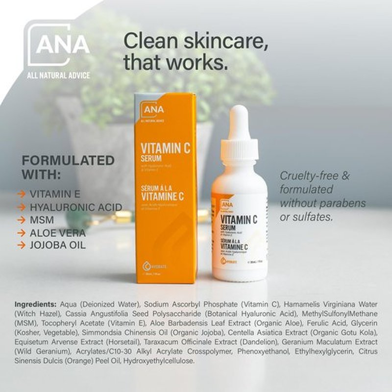 All Natural Advice Vitamin C Serum 30mL | 20% Vitamin C Face Serum Solution with Organic Botanicals, Hyaluronic Acid & Vitamin E | UV-Shielding Glass Bottle with Dropper | Canadian Skin Care