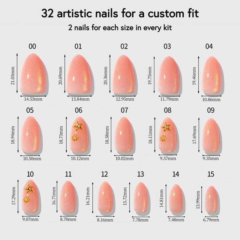 Celebritips Press-Ons | Golden Water Fairy, Short Almond Nails with Peachy Pink Cat-eye and Sea Stars, Reusable Summer Nails | 16 sizes - 32 Nails Kit with Super-hold Nail Glue and Sticky Tabs