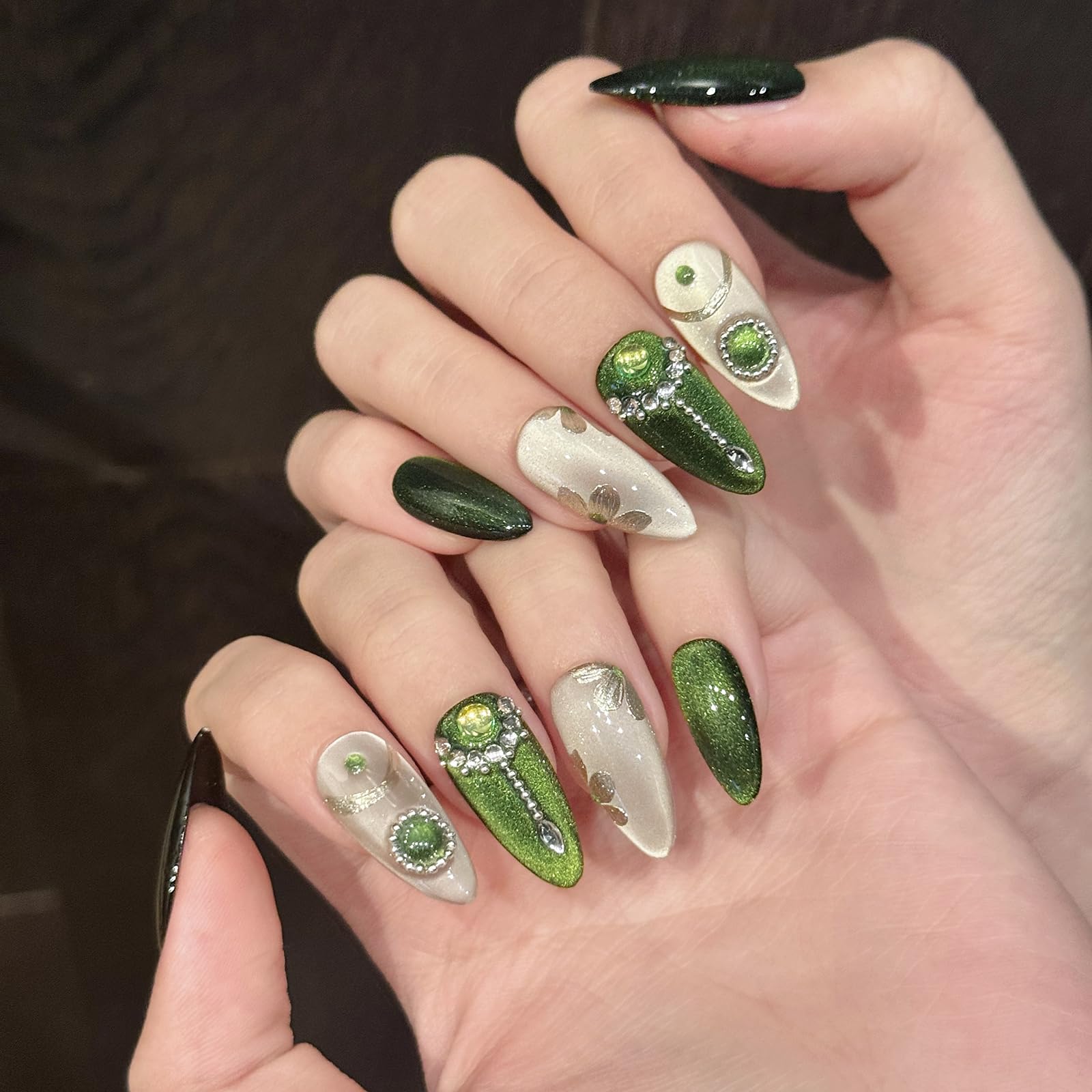 Yacey 3D Handmade Press on Nails, Medium Almond Reusable False Nails Press Ons, Emerald Cat Eyes Thick Acrylic Fake Nails, Luxury Gem Glow Glue on Nails for Women Girls (10 Pcs, M)