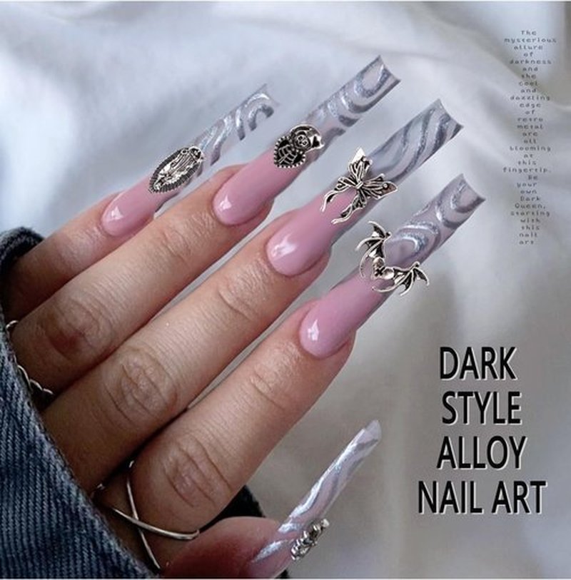 125PCS 3D Cross Bat Nail Charms, 3D Chrome Metal Sliver Nail Art Charm, Vintage Gothic Retro Punk Butterfly Hearts, Mixed for Manicure Craft DIY Nail Art Decoration Accessories A