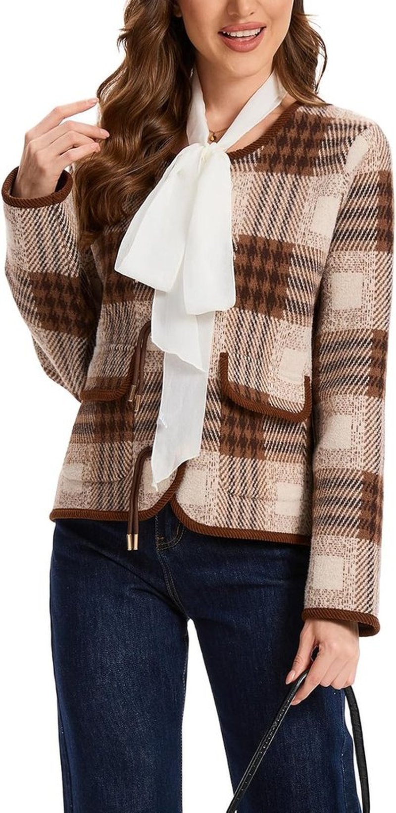 HOULENGS Women's Vintage Plaid Print Cardigan Sweater - Long Sleeve Knit Coat with Pockets