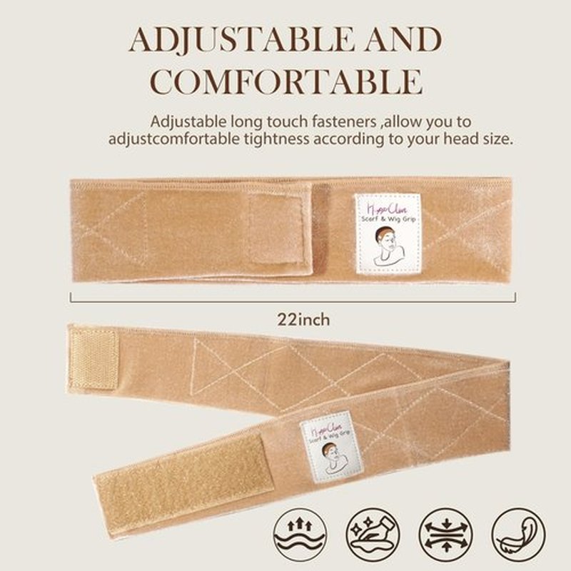 HappClan Velvet Wig Grip Bands - 2 Pcs Adjustable Non-Slip Headbands + 4 Pcs Caps for Women, All-Day Comfort Secure Wear Accessories (Beige)