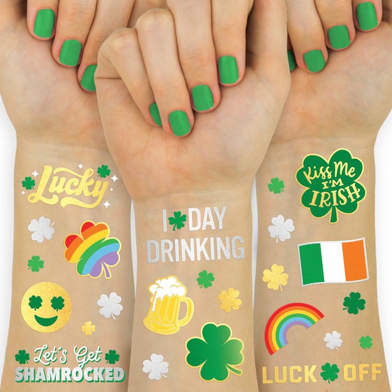 xo, Fetti St Patricks Day Temporary Tattoos - 54 Glitter Styles | Shamrock Supplies, Kiss Me I'm Irish Party, St Patty's Day, Leprechauns Arts and Crafts