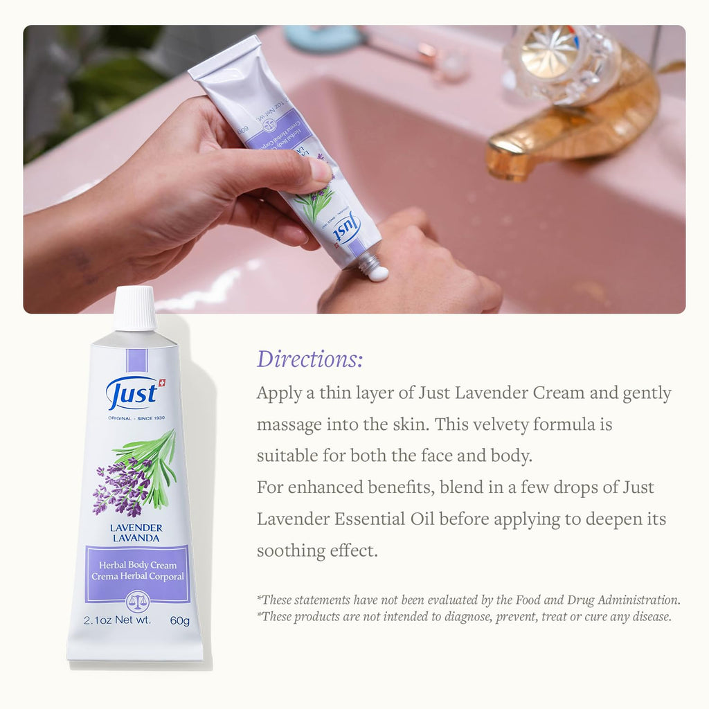 Swiss Just Lavender Cream 60g - Herbal Cream with Lavender Oil, Witch Hazel, and Aloe Vera - Eases Discomfort for Burns, Dermatitis, and Itchy Skin