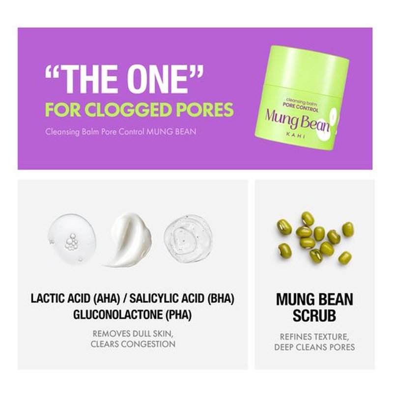 KAHI Cleansing Balm Pore Control Mung Bean - Nourishing & Hydrating Facial Cleanser Makeup Remover Balm with AHA, BHA (Salicylic Acid), PHA, and LHA - Gentle Exfoliating Korean Skincare 1.69 oz