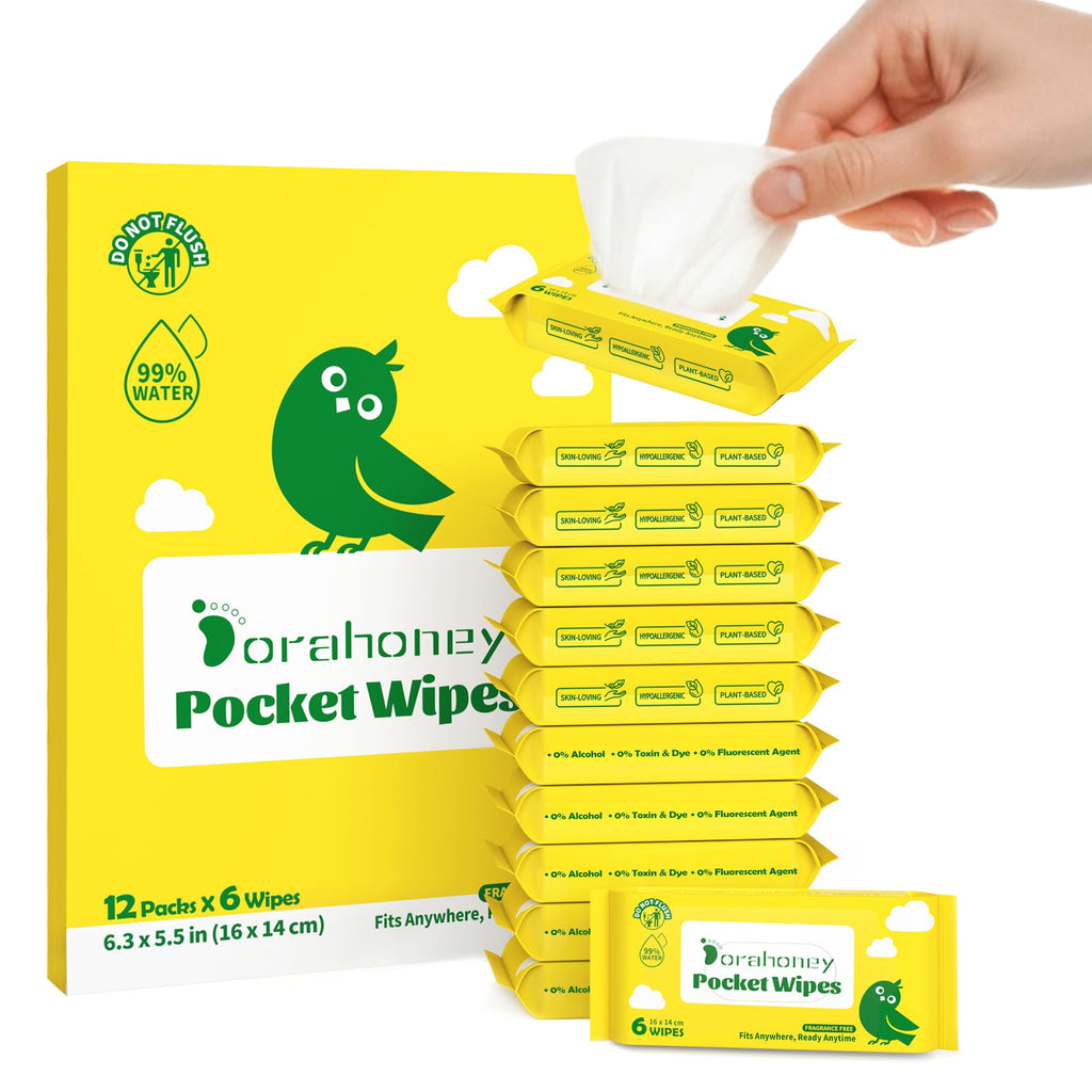 Dorahoney Unscented Travel Wet Wipes, 99% Purified Water Mini Wipes for Sensitive Skin, Hypoallergenic & Plastic-Free Pocket Wipes, 72 Count (12 Packs of 6)