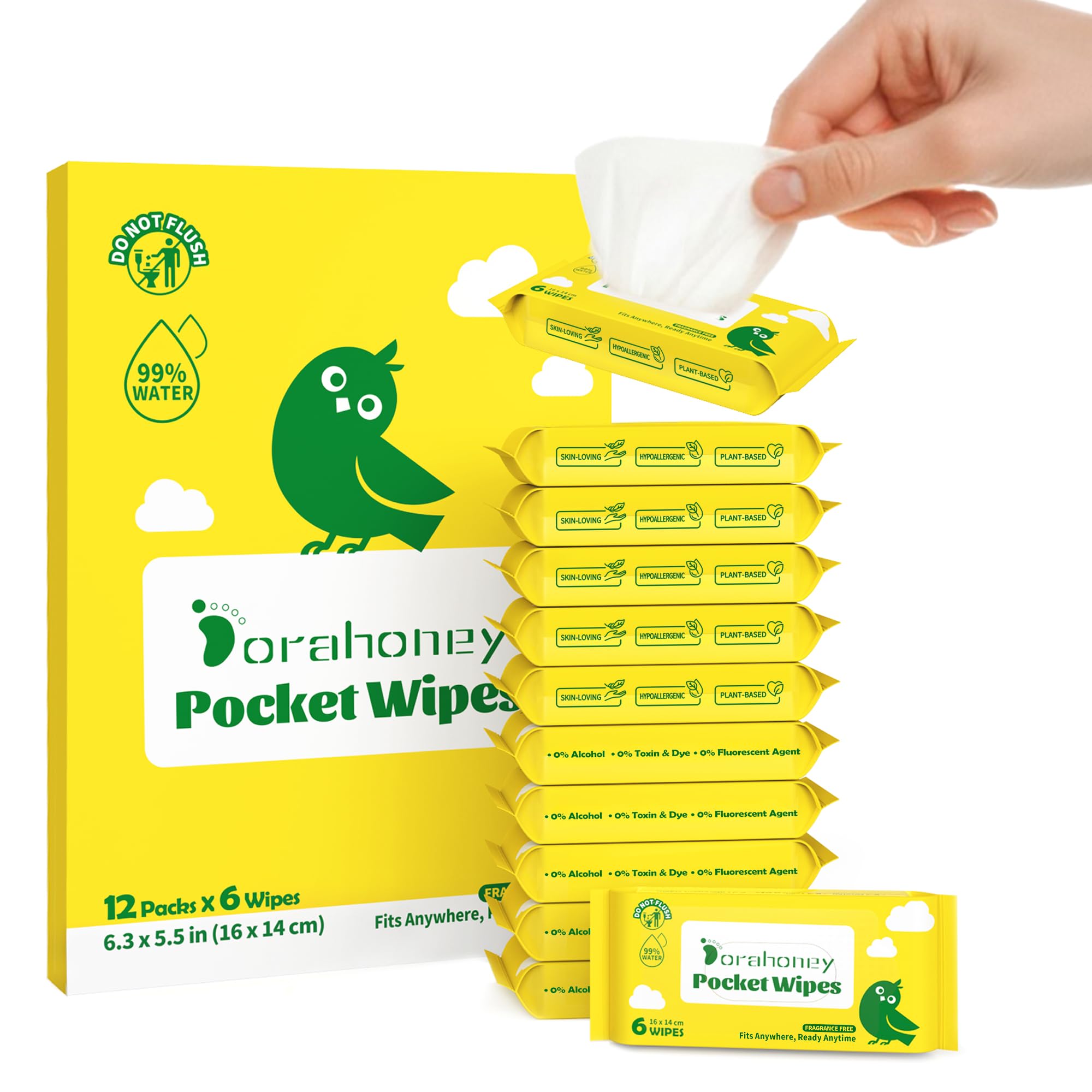 Dorahoney Unscented Travel Wet Wipes, 99% Purified Water Mini Wipes for Sensitive Skin, Hypoallergenic & Plastic-Free Pocket Wipes, 72 Count (12 Packs of 6)