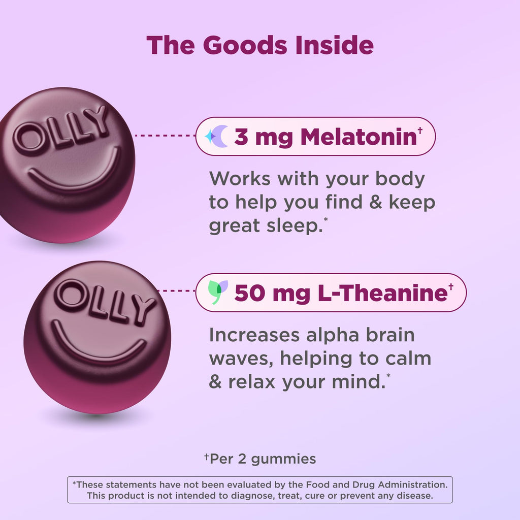 OLLY Sleep Gummy, Sleep Support Supplement,* 3 mg Melatonin, L-Theanine, Chamomile and Lemon Balm Extracts, Blackberry Zen Flavor, 35 Day Supply - 70 Count