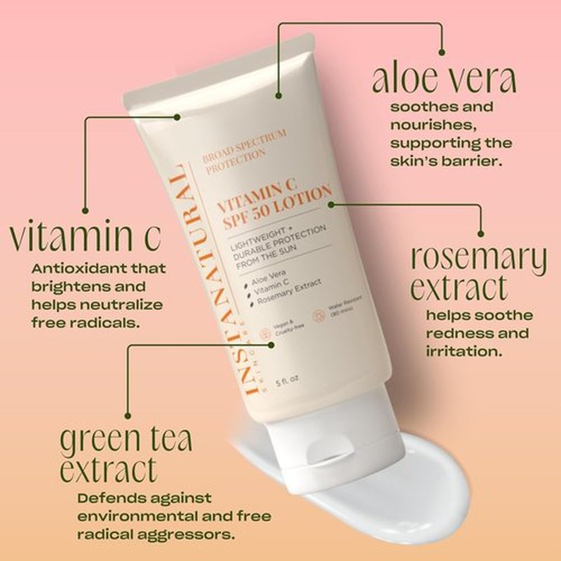 InstaNatural Vitamin C SPF 50 Sunscreen Lotion - Lightweight, Non-Greasy Moisturizer with Aloe Vera | 5 Fl Oz