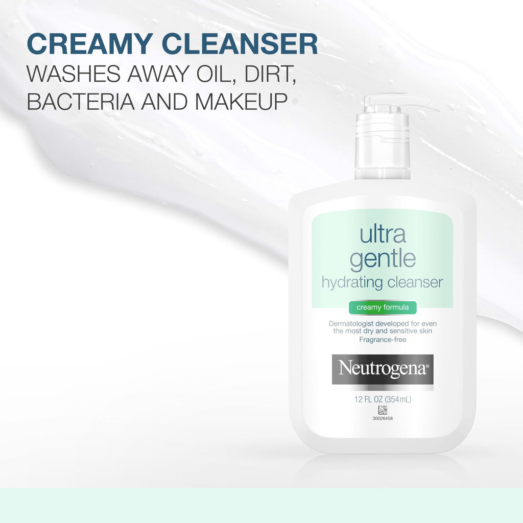 Neutrogena Ultra Gentle Hydrating Facial Cleanser, Non-Foaming Face Wash for Sensitive Skin, Gently Cleanses Face Without Over Drying, Oil, Soap & Fragrance-Free, 12 fl. oz