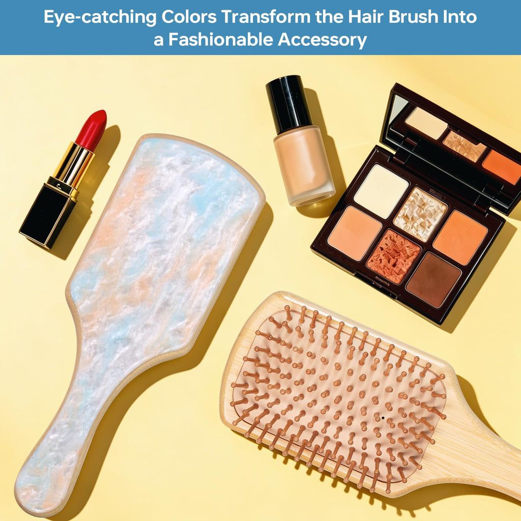 Bamboo Hair Brush for Women – Paddle Detangling Hairbrush with Natural Bamboo Bristles, Paddle Hairbrush for Scalp Massage, All Hair Types, Brush Cleaner Included, Yellow & Blue