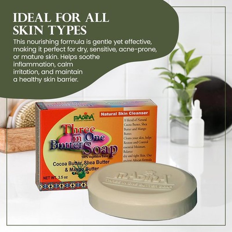 Madina 3-in-1 Butter Soap Bar – Cocoa, Mango & Shea Butter, Moisturizing, Nourishing, Vegetable-Based, Halal, Gentle Cleanser for All Skin Types, 6 Pack (3.5 oz Each)
