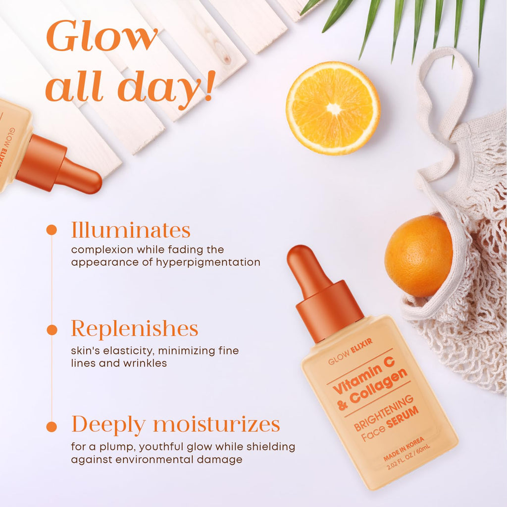 Glow Elixir Vitamin C Serum for Face with Collagen, Dermatologist Tested